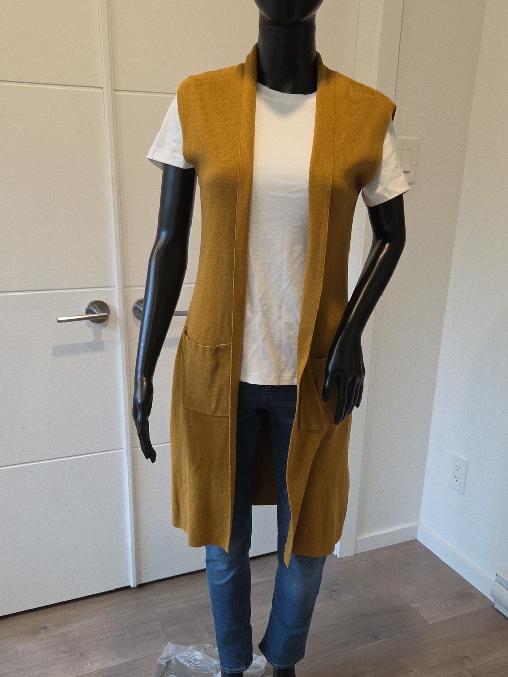 twik Mustard Sleeveless Open-Front Long Knit Vest